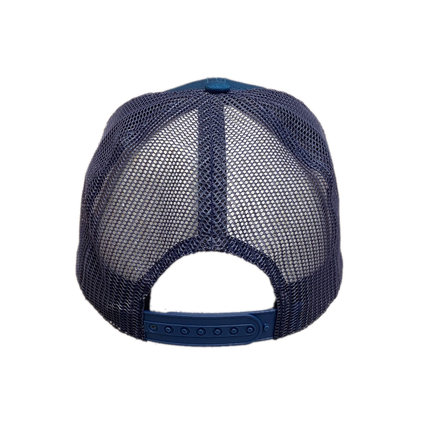 Back view of teal and navy blue adjustable trucker cap for fishermen