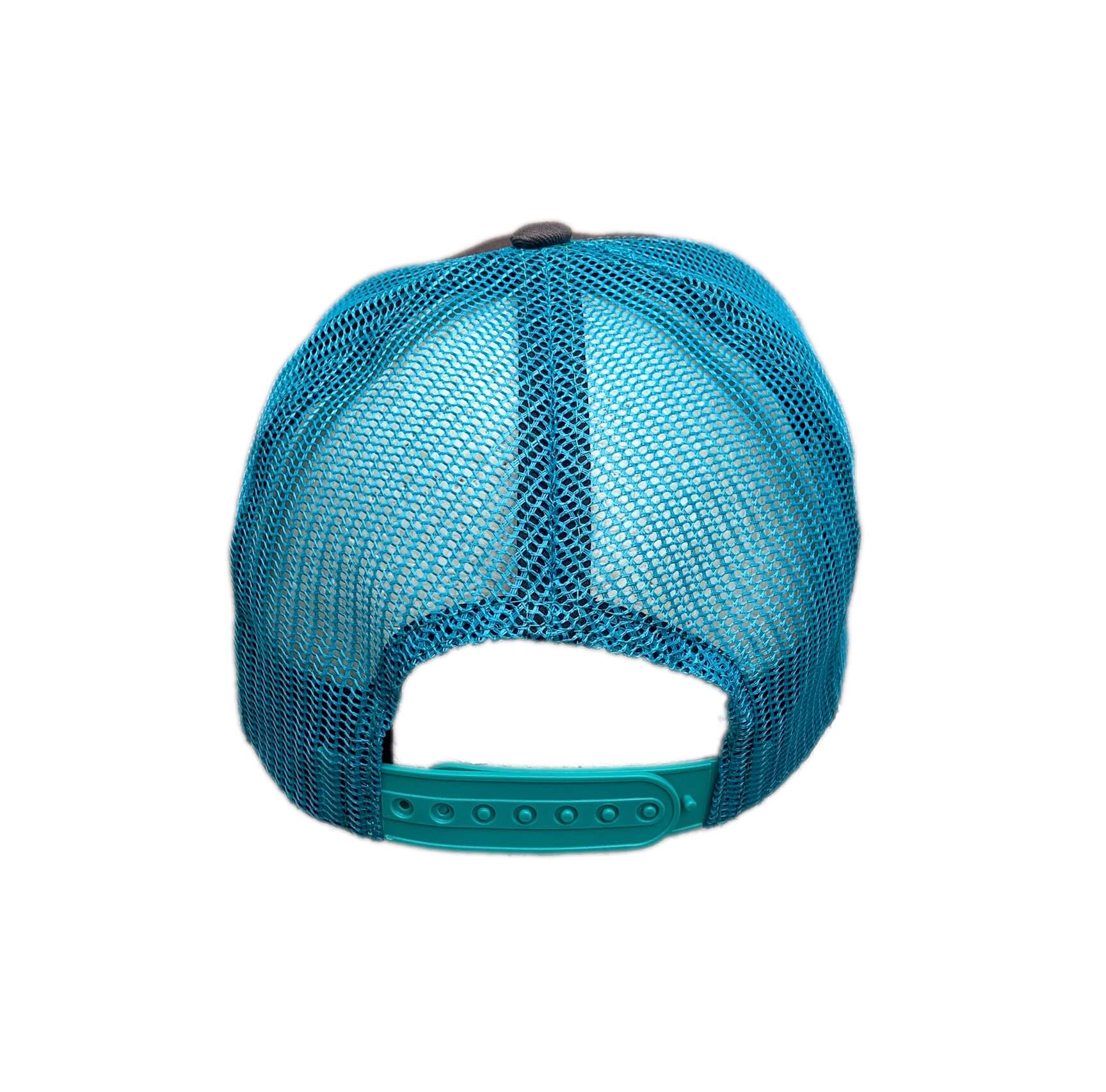 Back view of graphite and turquoise blue adjustable trucker cap for fishermen